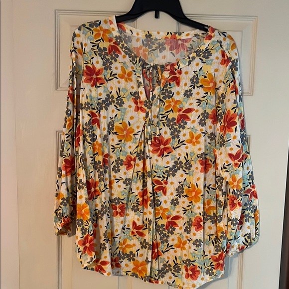 Source Unknown Floral Blouse - Red, Orange, Yellow - Picture 1 of 4